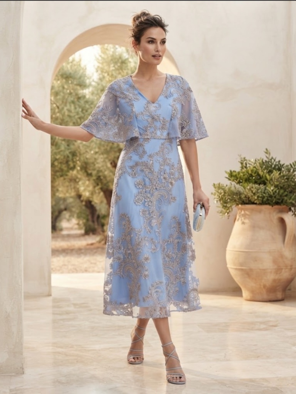 JS Collections: Embroidered Cape Sleeve Midi Dress (NWT)
